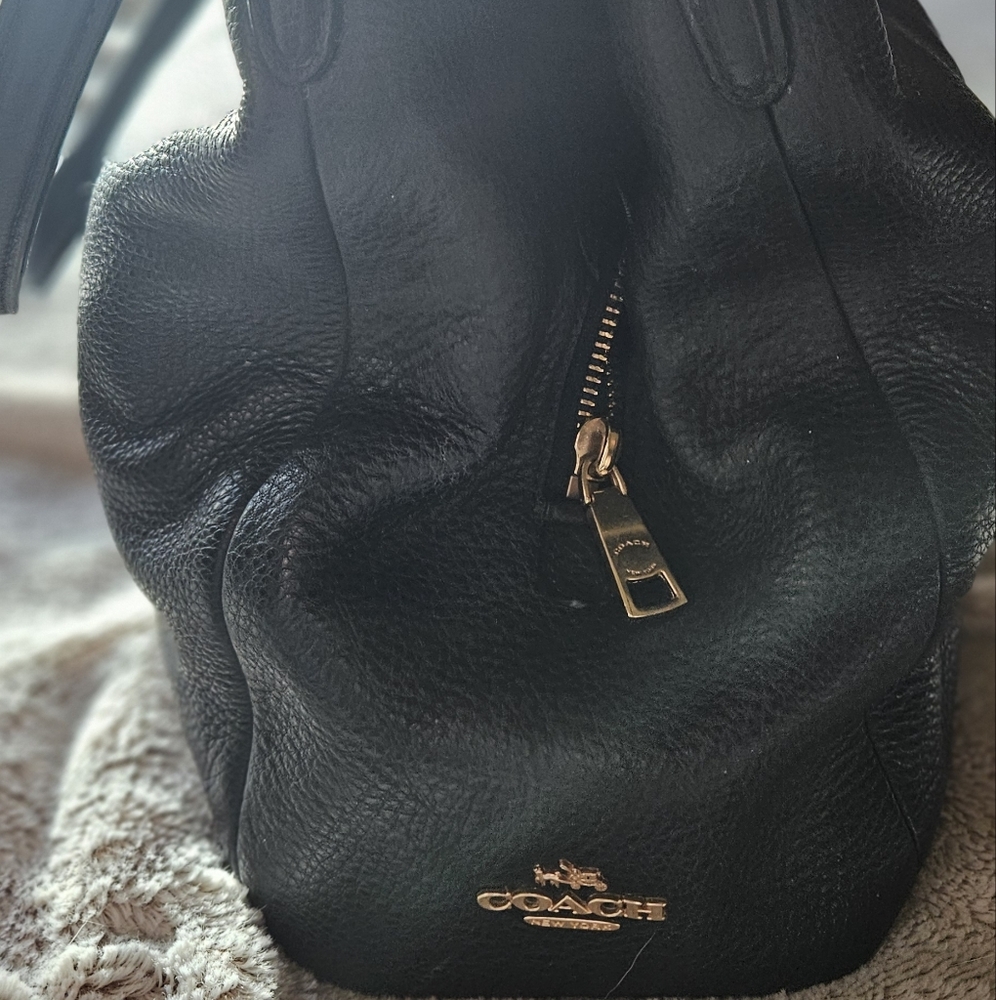Coach Black Leather Triple Conpartment Shoulder Bag with Gold Accents